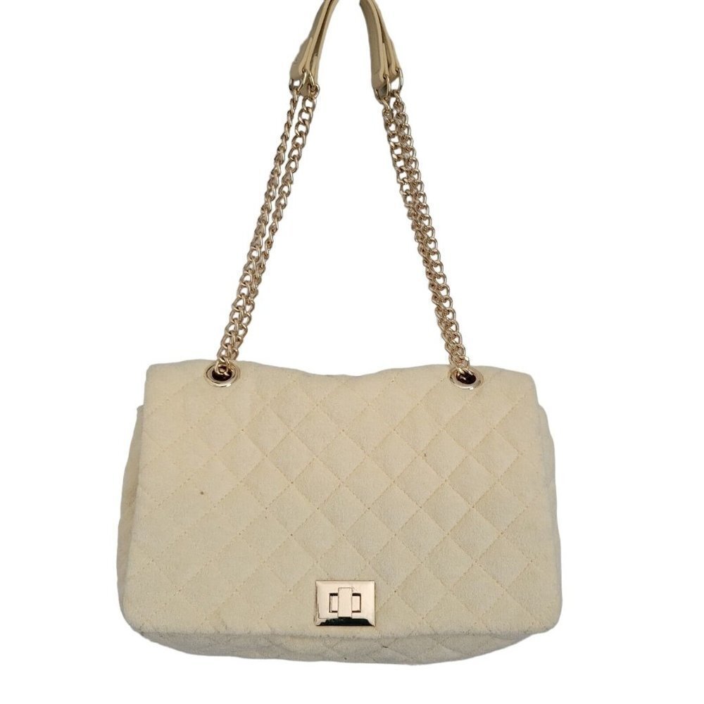 INC International Concepts Quilted Cream Shoulder Bag with Gold Chain